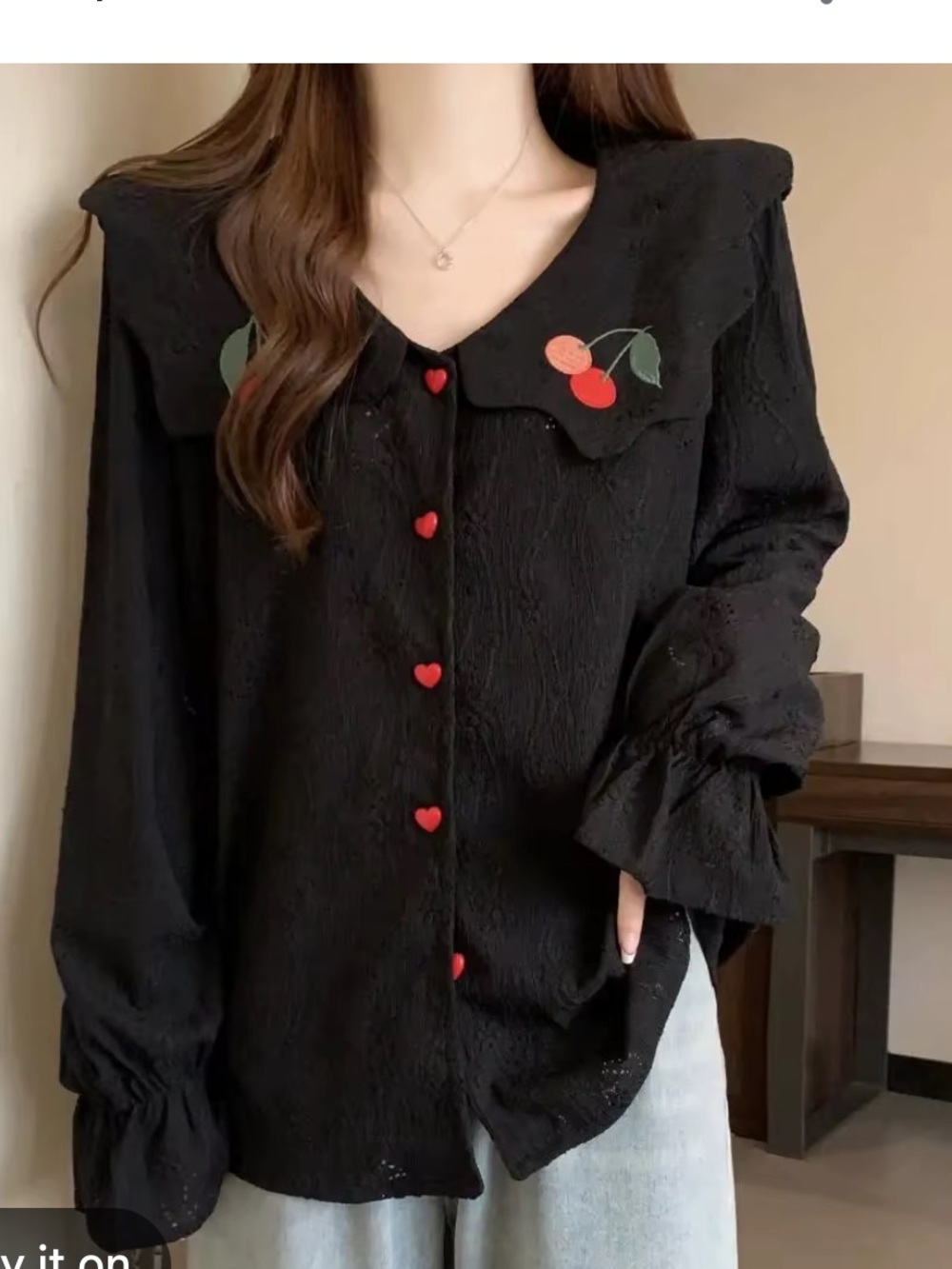 Lovely U Dear Blouse Peter Pan Cherry Print Heart Buttons